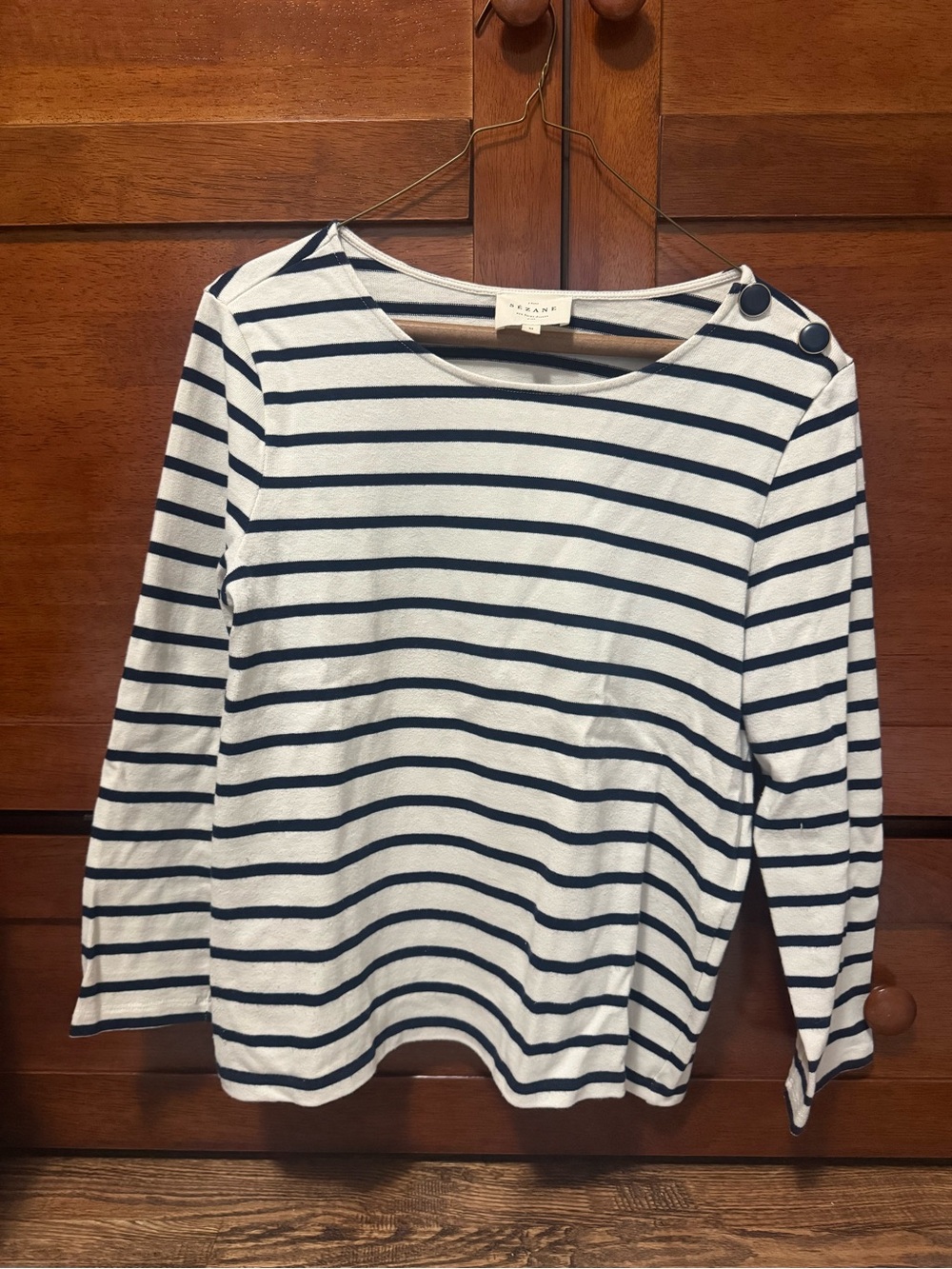 Sezane Mariniere White & Navy Striped Long-Sleeve Top with Shoulder Buttons